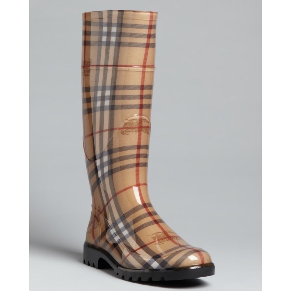 Burberry Haymarket Natural Check Plaid Rubber Rain Boots Size 37